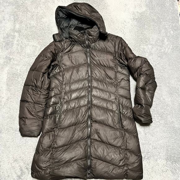 Marmot Coat Womens Medium 700 Down Fill Long Puffer Jacket Black Hooded ** - Picture 1 of 11